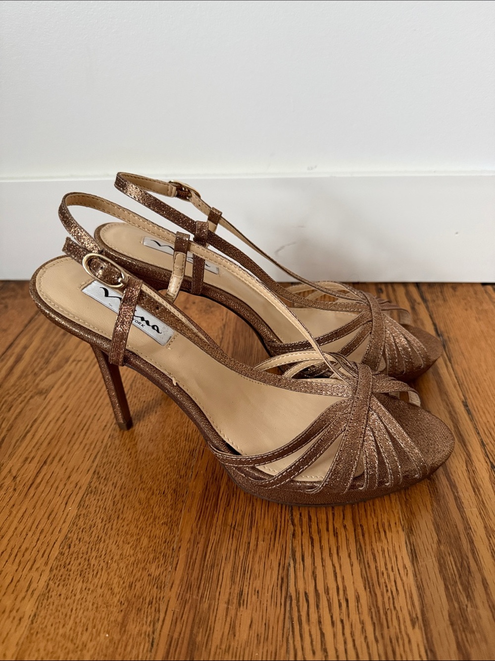 Metallic bronze Gold Strappy Slingback Heels - Women Shoes - Picture 3 of 5